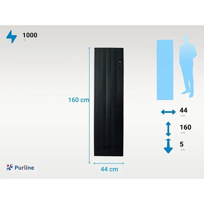 Purline Emisor térmico con WiFi Cenit B1000 - 1.000 W, Negro, 5 x 44 x 160 cm, Seco - Radiador eléctrico negro de 1000W, 160x44x5 cm. Una silueta humana indica su altura.