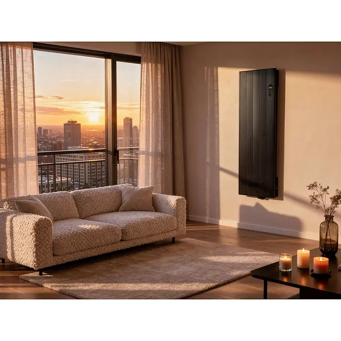 Purline Emisor térmico con WiFi Cenit B1000 - 1.000 W, Negro, 5 x 44 x 160 cm, Seco - Un calefactor de panel negro montado en la pared de un acogedor salón con un gran ventanal y vistas a un atardecer urbano.