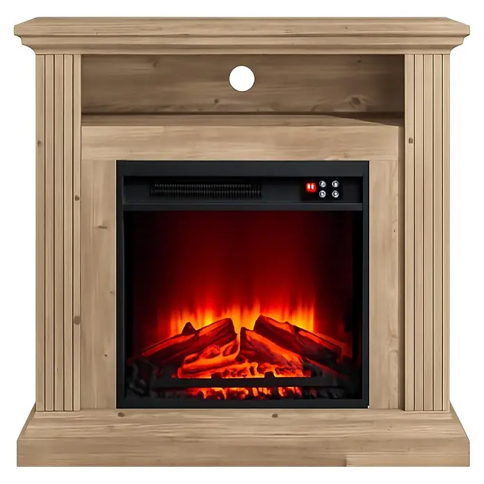 Purline Chimenea eléctrica CHE-905 - 30 x 82 x 77 cm, 1.800 W, Marrón/Negro - Chimenea eléctrica de madera clara con llamas artificiales y estante superior con orificio para cables.