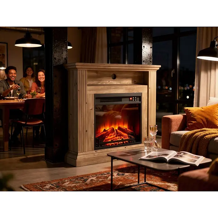 Purline Chimenea eléctrica CHE-905 - 30 x 82 x 77 cm, 1.800 W, Marrón/Negro - Chimenea eléctrica de madera clara con brasas brillantes, central en una acogedora sala de estar con gente.