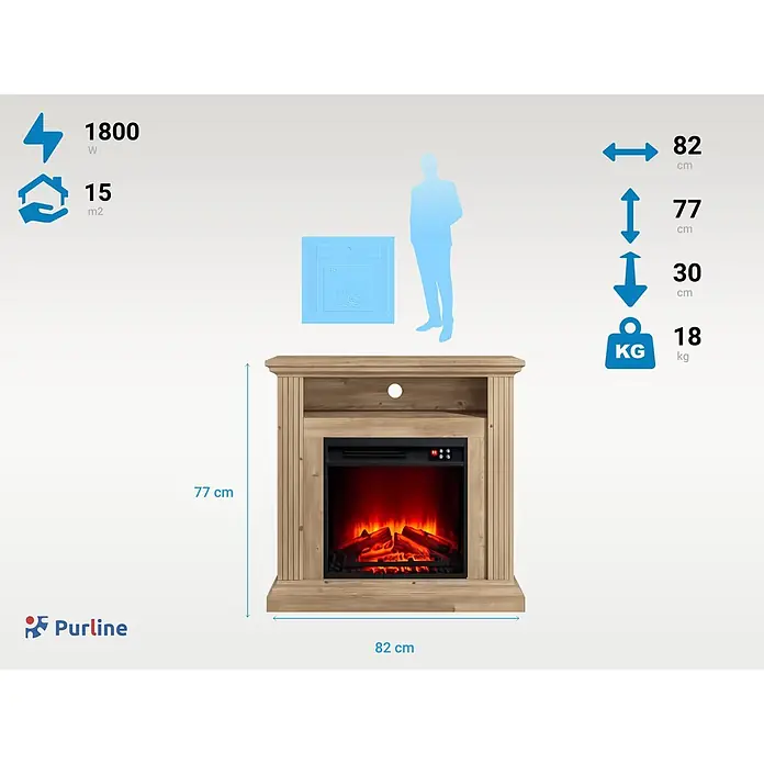 Purline Chimenea eléctrica CHE-905 - 30 x 82 x 77 cm, 1.800 W, Marrón/Negro - Chimenea eléctrica de madera clara con inserto negro y troncos incandescentes.