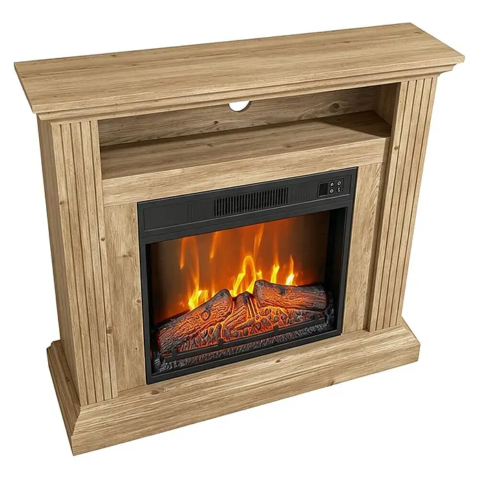 Purline Chimenea eléctrica CHE-905 - 30 x 82 x 77 cm, 1.800 W, Marrón/Negro - Mueble TV de chimenea de grano de madera clara con inserto de chimenea eléctrica mostrando llamas.