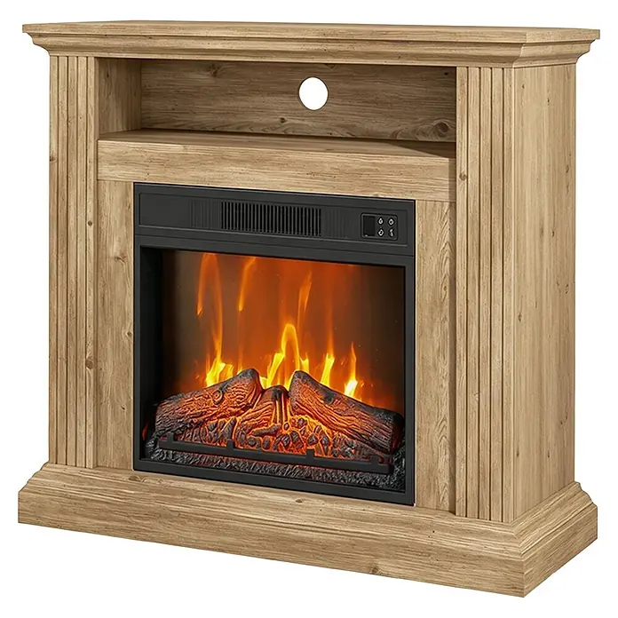 Purline Chimenea eléctrica CHE-905 - 30 x 82 x 77 cm, 1.800 W, Marrón/Negro - Consola de TV con chimenea eléctrica de madera clara, estante abierto y efecto de llama realista.
