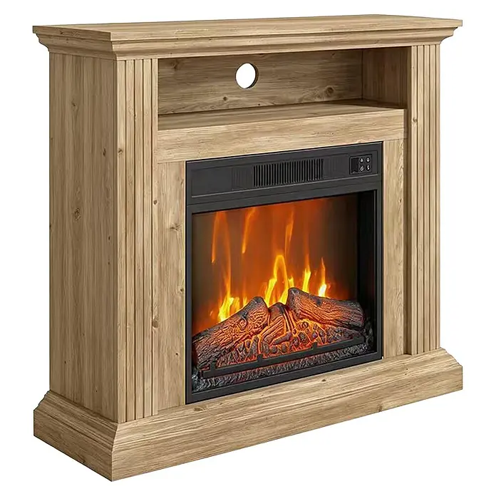 Purline Chimenea eléctrica CHE-905 - 30 x 82 x 77 cm, 1.800 W, Marrón/Negro - Consola media chimenea eléctrica de madera clara con estante abierto, agujero para cables e inserto negro con llamas brillantes.