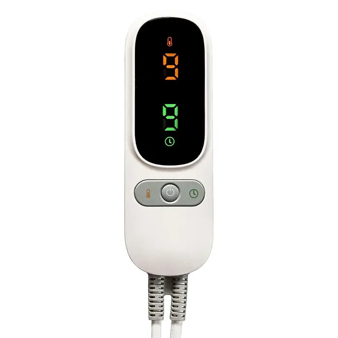 Purline Manta eléctrica Warmer Bed Plus 2 - 160 W, 180 x 160 cm - Controlador digital blanco con pantalla de temperatura naranja '9', temporizador verde '9' y tres botones de control para temperatura, encendido y temporizador.