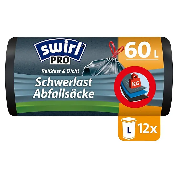 Swirl Müllbeutel Profi Schwerlast-Säcke - Fassungsvermögen: 60 l, 12 Stk., Schwarz - Packung Swirl PRO 60L Schwerlast Abfallsäcke, reißfest und dicht, mit einer Abfallsack-Darstellung und 12 Stück.