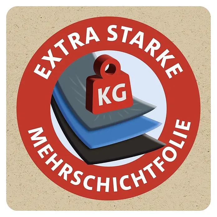 Swirl Müllbeutel Profi Schwerlast-Säcke - Fassungsvermögen: 240 l, 5 Stk., Schwarz - Rotes Rundsiegel: "Extra Starke Mehrschichtfolie" mit Gewichtssymbol und drei Folienschichten.