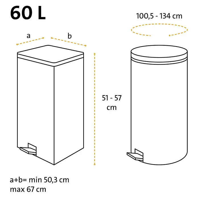Swirl Müllbeutel Profi Schwerlast-Säcke - Fassungsvermögen: 60 l, 12 Stk., Schwarz - Maßzeichnung eines 60 L Abfalleimers, mit Maßen für Müllbeutel: Höhe 51-57 cm, Umfang 100,5-134 cm oder Breite+Tiefe 50,3-67 cm.