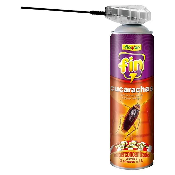 Flower Spray anti-insectos rastreros Fin - 800 ml - Aerosol insecticida morado y naranja para cucarachas con boquilla larga negra.