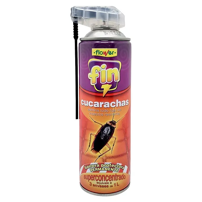 Flower Spray anti-insectos rastreros Fin - 800 ml - Bote de spray superconcentrado Flower Fin mata cucarachas morado y naranja con boquilla transparente y tubo negro.