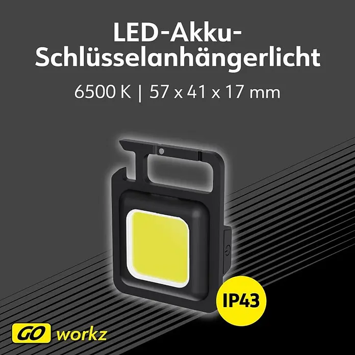 Müller-Licht Schlüsselanhänger LED - Betriebsart: Akkubetrieben, LED, 6.500 K, IP43 - Schwarzes, wiederaufladbares LED-Schlüsselanhängerlicht mit heller gelber Fläche und Karabinerhaken, IP43-zertifiziert.