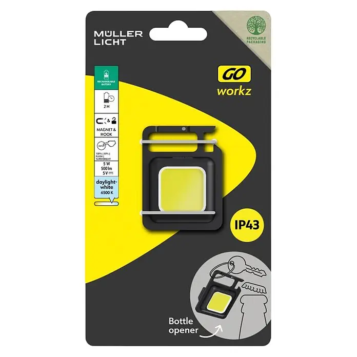 Müller-Licht Schlüsselanhänger LED - Betriebsart: Akkubetrieben, LED, 6.500 K, IP43 - Kleines schwarzes LED-Arbeitslicht mit Magnet, Haken und Flaschenöffnerfunktion.