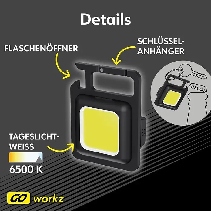 Müller-Licht Schlüsselanhänger LED - Betriebsart: Akkubetrieben, LED, 6.500 K, IP43 - Kleines schwarzes LED-Licht, rechteckig, als Schlüsselanhänger und Flaschenöffner, mit tageslichtweißem 6500K Licht.