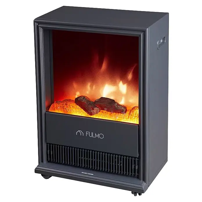 Fulmo Chimenea eléctrica Viena - 2.000 W, 17,5 x 43 x 62,5 cm, Negro - Calefactor de chimenea eléctrico gris oscuro con efecto de llama realista y troncos artificiales incandescentes. Incluye ventilación inferior y logo 'FULMO'.