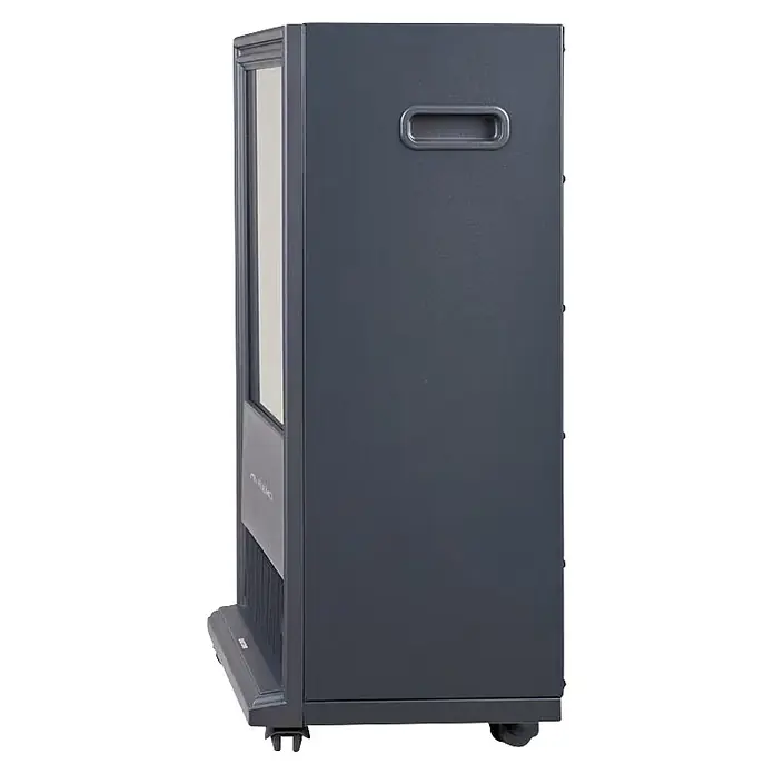 Fulmo Chimenea eléctrica Viena - 2.000 W, 17,5 x 43 x 62,5 cm, Negro - Aparato portátil gris oscuro con panel frontal de ventana, asa superior y ruedas para facilitar el movimiento.