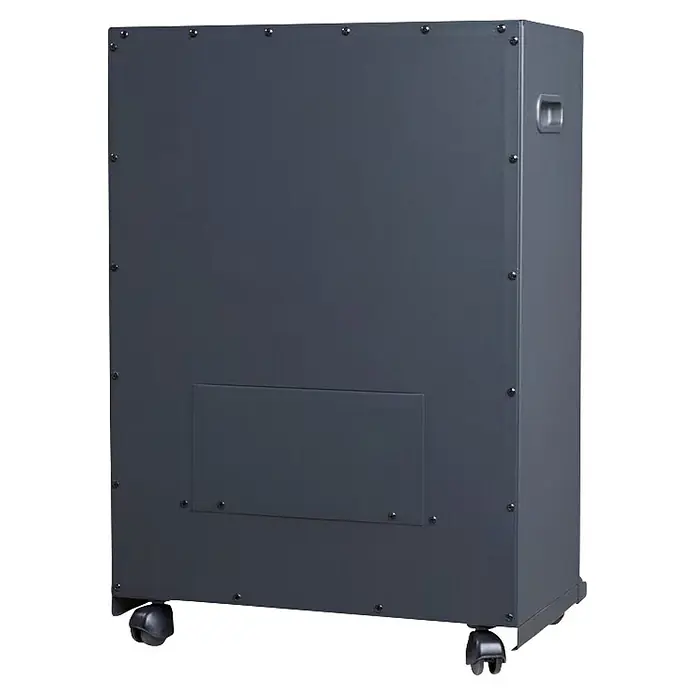 Fulmo Chimenea eléctrica Viena - 2.000 W, 17,5 x 43 x 62,5 cm, Negro - Armario móvil gris oscuro con asas laterales, panel frontal y ruedas.