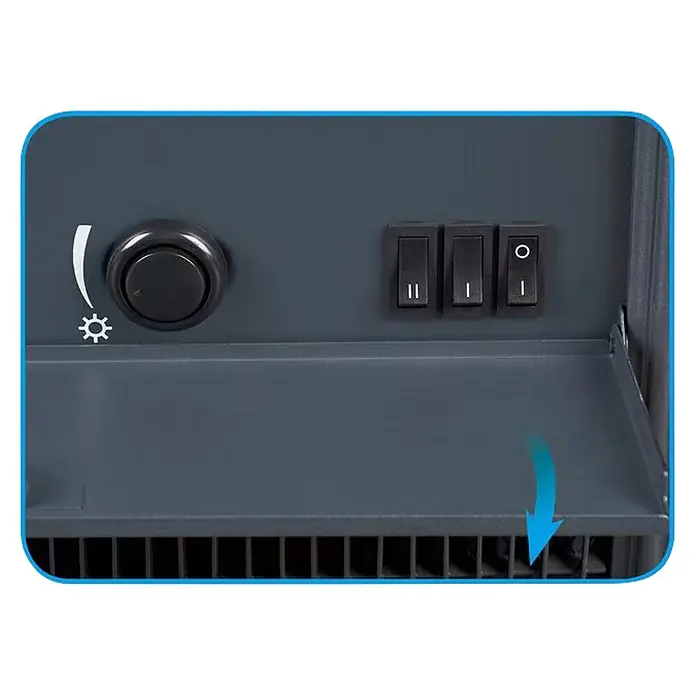 Fulmo Chimenea eléctrica Viena - 2.000 W, 17,5 x 43 x 62,5 cm, Negro - Panel de control gris oscuro con un mando giratorio y tres interruptores de balancín para ajustes de calor/ventilador.