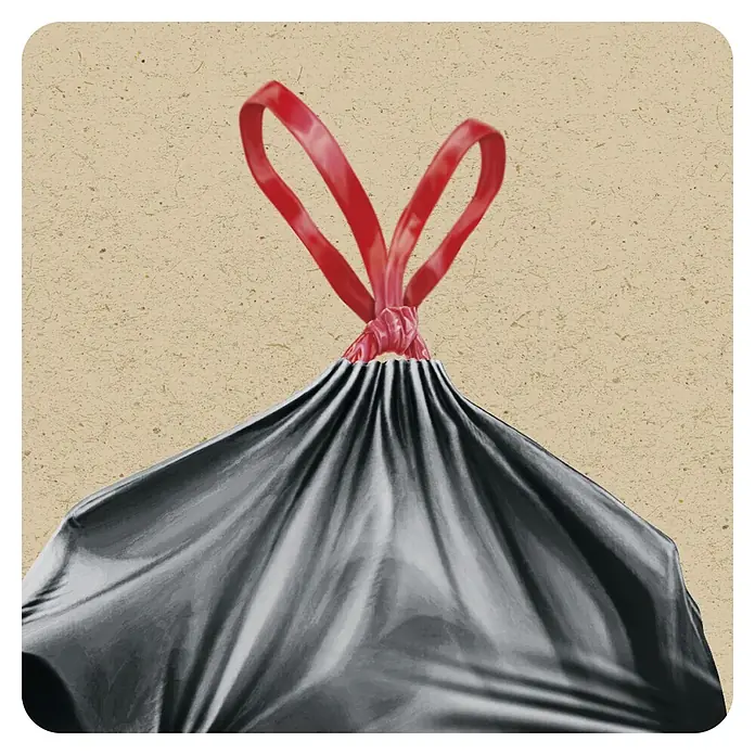 Swirl Müllbeutel mit Fiixierband - 20 l, 15 Stk., Schwarz - Schwarzer Müllsack, oben fest zusammengebunden mit einem roten Kunststoffband.