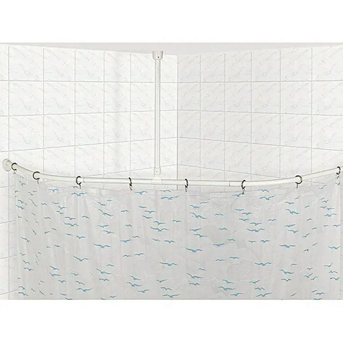 Venus Deckenstütze - Breite: 55 cm, Weiß - Hier ist ein Duschvorhang mit einem weißen Hintergrund und blauen Vogelmotiven.