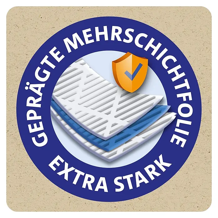 Swirl Müllbeutel mit Zugband - 35 l, 11 Stk. - Blaues Etikett: "Geprägte Mehrschichtfolie Extra Stark", zeigt geschichtete Prägefolie und orangefarbenen Schild mit Häkchen.