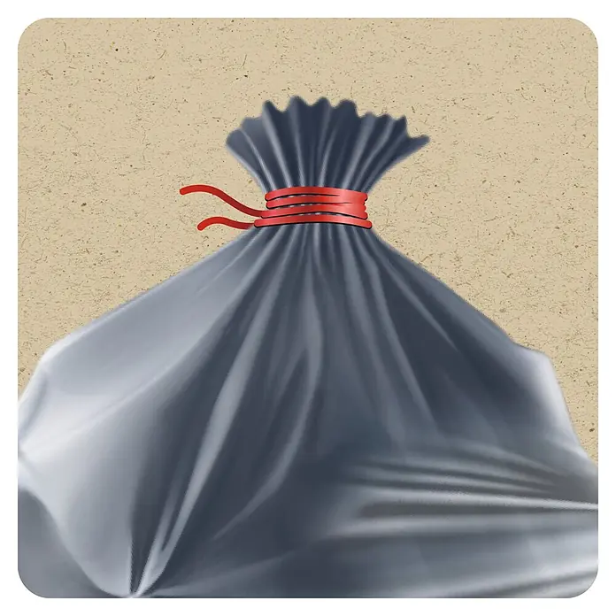 Swirl Müllbeutel Profi Schwerlast-Säcke - Fassungsvermögen: 240 l, 5 Stk., Schwarz - Schwarzer Müllsack, oben fest mit einem roten Band zusammengebunden.
