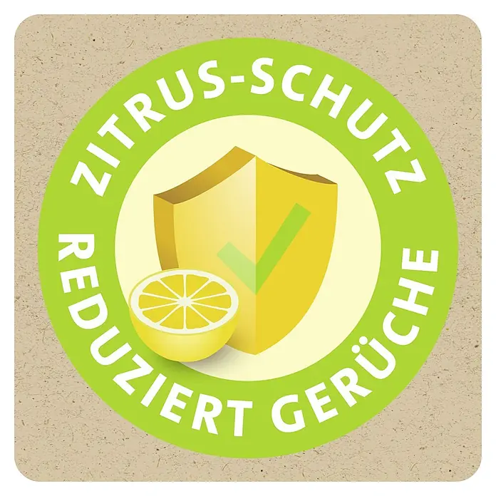 Swirl Müllbeutel Aktive Frische - Fassungsvermögen: 60 l, 8 Stk., Grün - Rundes grünes Etikett mit Text 'Zitrus-Schutz Reduziert Gerüche', mit gelbem Schild, Haken und halber Zitrone.