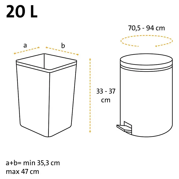 Swirl Müllbeutel mit Fiixierband - 20 l, 15 Stk., Schwarz - Maße für 20L Mülleimerbeutel: Rechteckiger Behälter (a+b) min 35,3-max 47 cm; zylindrischer Behälter Umfang 70,5-94 cm. Zylindrische Behälterhöhe 33-37 cm.