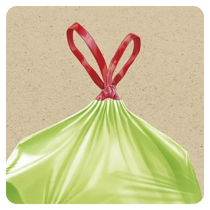Swirl Müllbeutel Aktive Frische - Fassungsvermögen: 60 l, 8 Stk., Grün - Grüner Müllbeutel aus Plastik mit roten Zugbändern, oben zugebunden.