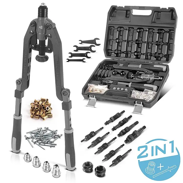 STAHLWERK Nietmuttern- und Blindnietenzangen Set 85-teilig 2-in-1-Nietzange -  - Ein umfassendes 2-in-1 Nietzangen- und Nietmutternzangen-Set in Grau mit verschiedenen Adaptern, Nieten und Muttern in einem dunkelgrauen Kunststoffkoffer.