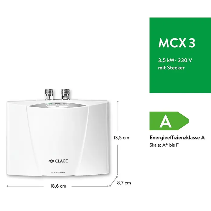 Clage Kleindurchlauferhitzer MCX3 - 3,5 kW, Elektronisch, Geschlossen - Weißer CLAGE MCX 3 Durchlauferhitzer, 18,6x13,5x8,7 cm, 3,5 kW, Energieeffizienzklasse A.
