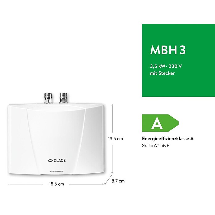 Clage Kleindurchlauferhitzer MBH3 (Ohne Armatur, 3.500 W, Durchflussmenge: 2 l/min)