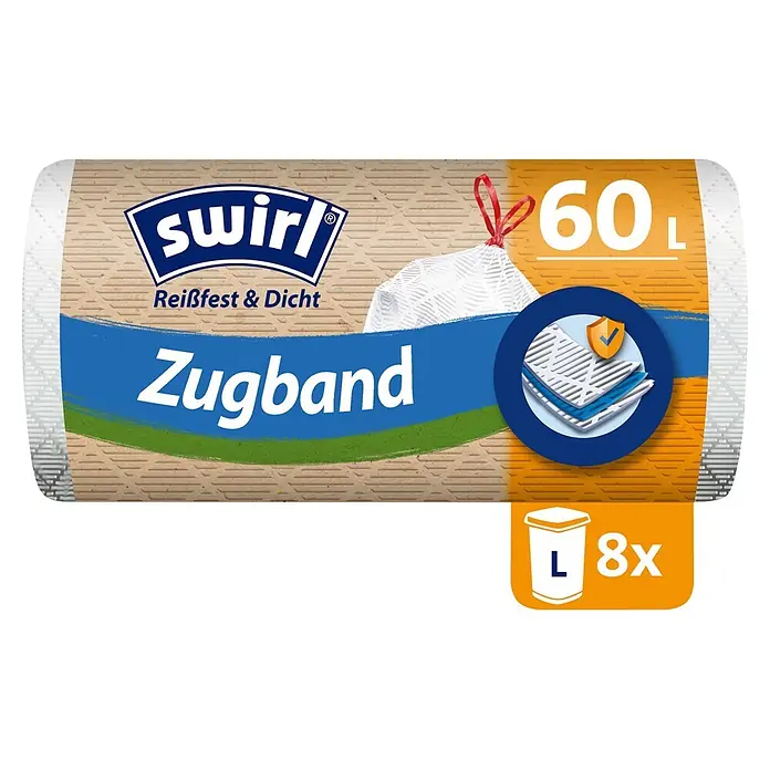 Swirl Müllbeutel mit Zugband - 60 l, 8 Stk., Weiß - Swirl Zugband-Müllbeutel auf Rolle, 60L, 8 Stück. Reißfest & dicht. Verpackung zeigt Beutel mit rotem Zugband und Schichten-Icon.