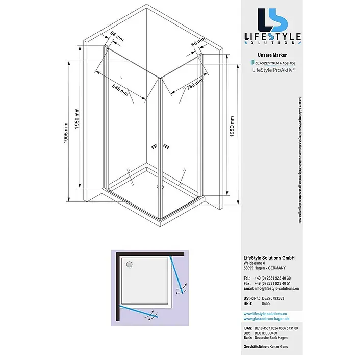 Glaszentrum Hagen Eckdusche Glaszentrum Hagen 100x90x195 cm Zeus Eckduschkabine - 90 x 100 x 195 cm, Imprägniert, Farblos, Stärke: 8 mm - Technische Zeichnung einer Glas-Eckduschkabine mit Falttüren. Maße: 1905/1950 mm hoch und 885x785 mm breit.