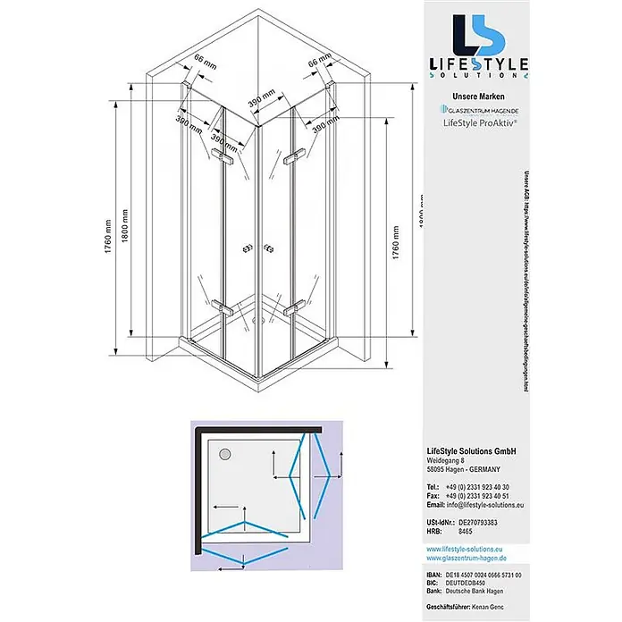 Glaszentrum Hagen Eckdusche Glaszentrum Hagen 90x90x180 cm Hera Eck Duschkabine - 90 x 90 x 180 cm, Imprägniert, Farblos, Stärke: 8 mm - Detaillierte technische Zeichnung einer transparenten Glas-Eckduschkabine mit silbernen Profilen und Maßen.