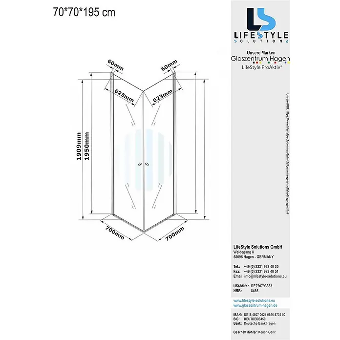 Glaszentrum Hagen Eckdusche Glaszentrum Hagen 70x70x195 cm Eck Duschkabine Altbau - 70 x 70 x 195 cm, Imprägniert, Farblos, Stärke: 6 mm - Technische Zeichnung einer 70x70x195 cm Eckdusche, zeigt wichtige Abmessungen für die Installation.