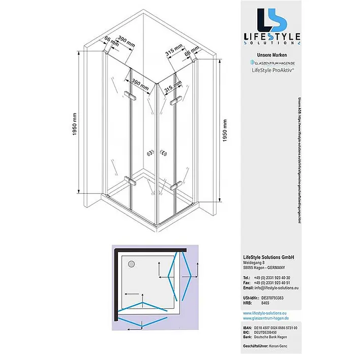 Glaszentrum Hagen Eckdusche Glaszentrum Hagen 90x75x195 cm Hera Eck Duschkabine - 75 x 90 x 195 cm, Imprägniert, Farblos, Stärke: 8 mm - Technische Zeichnung einer fünfeckigen Glas-Duschkabine mit Pendeltüren zur Eckmontage, 1950mm hoch.