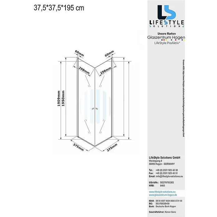 Glaszentrum Hagen Eckdusche Glaszentrum Hagen 37.5x37.5x195 cm Eck Duschkabine Altbau - Imprägniert, Farblos, Stärke: 6 mm - Technische Zeichnung einer Eckduschkabine mit Maßen 37,5x37,5x195 cm.