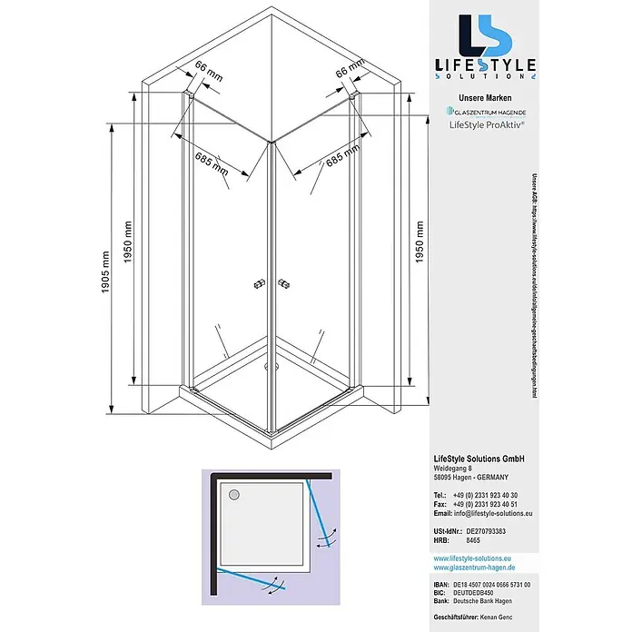 Glaszentrum Hagen Eckdusche Glaszentrum Hagen 80x80x195 cm Zeus Eckduschkabine - 80 x 80 x 195 cm, Imprägniert, Farblos, Stärke: 8 mm - Gläserne Eckdusche mit Schwingtüren und Maßen.