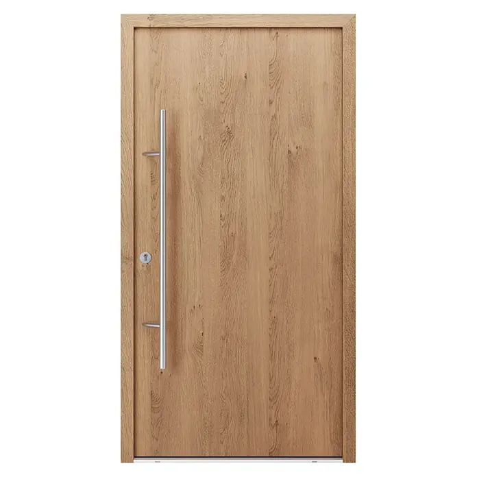 FM Türen Haustür - 110 x 210 cm, DIN Anschlag: Links, Winchester - Hellbraune Holztür mit ausgeprägter Holzmaserung, langer vertikaler silberner Griff und Schlüsselloch.