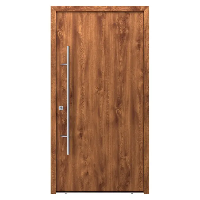 FM Türen Haustür - 210 x 110 cm, DIN Anschlag: Links, Goldene Eiche - Moderne braune Holztür mit Naturmaserung, langem silberfarbenem Griff und Schlüsselloch.