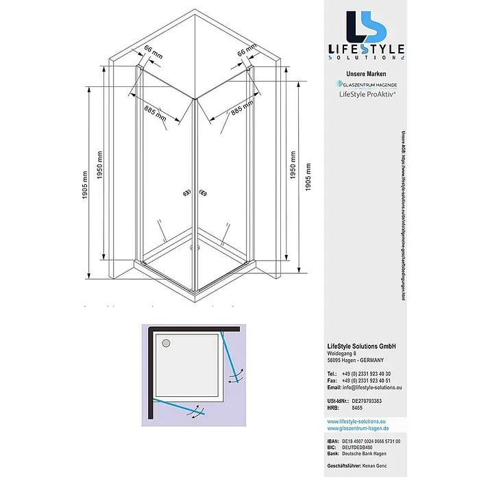 Glaszentrum Hagen Eckdusche Glaszentrum Hagen 100x100x195 cm Zeus Eckduschkabine - 100 x 100 x 195 cm, Imprägniert, Farblos, Stärke: 8 mm - Eck-Duschkabine mit zwei Pendeltüren aus Glas und Profilen. Maße: 885x885x1905/1950 mm.