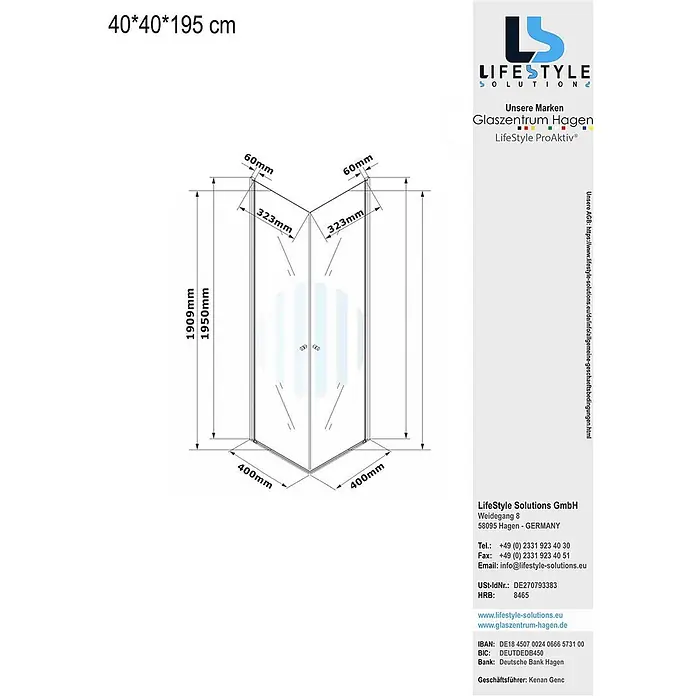 Glaszentrum Hagen Eckdusche Glaszentrum Hagen 40x40x195 cm Eck Duschkabine Altbau - 40 x 40 x 195 cm, Imprägniert, Farblos, Stärke: 6 mm - Technische Zeichnung einer 40x40x195 cm Glas-Viertelkreisduschkabine mit Detailmaßen.