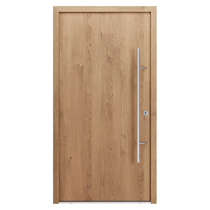 FM Türen Haustür - 110 x 210 cm, DIN Anschlag: Rechts, Winchester - Hellbraune Holztür mit vertikalem Silbergriff und Schlüsselloch.