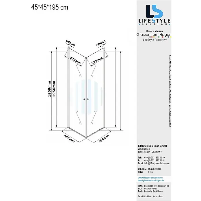 Glaszentrum Hagen Eckdusche Glaszentrum Hagen 45x45x195 cm Eck Duschkabine Altbau - 45 x 45 x 195 cm, Imprägniert, Farblos, Stärke: 6 mm - Technische Zeichnung einer Eckduschkabine, 45x45x195 cm, mit detaillierten Maßen in mm.