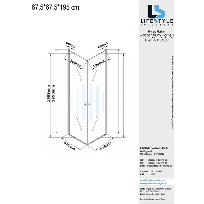 Glaszentrum Hagen Eckdusche Glaszentrum Hagen 67,5x67,5x195 cm Eck Duschkabine Altbau - Imprägniert, Farblos, Stärke: 6 mm - Technische Zeichnung einer klaren Glasduschkabine mit verchromten Metallrahmen, Maße 67,5x67,5x195 cm.