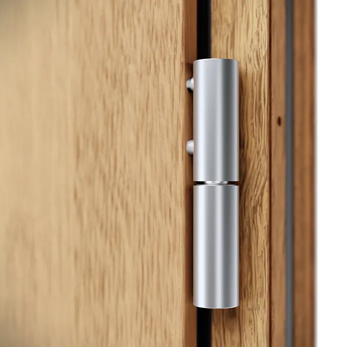 FM Türen Haustür - 110 x 210 cm, DIN Anschlag: Links, Winchester - Silbernes, gebürstetes Türband an hellem Holz-Türrahmen.