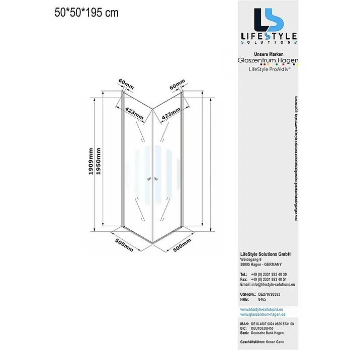 Glaszentrum Hagen Eckdusche 50x50x195 cm Eck Duschkabine Altbau - 50 x 50 x 195 cm, Imprägniert, Farblos, Stärke: 6 mm - Technische Zeichnung einer Eckdusche mit zwei Falttüren, Maße 50x50x195 cm.