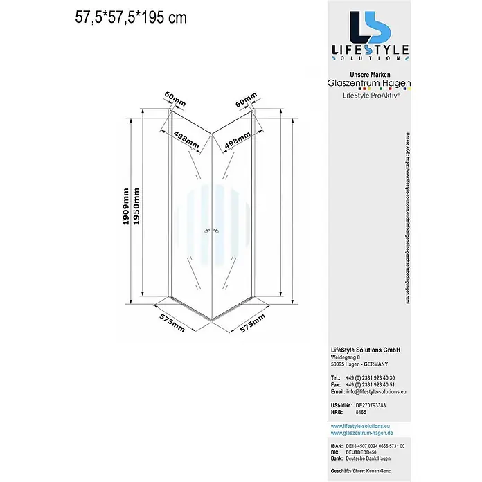 Glaszentrum Hagen Eckdusche Glaszentrum Hagen 57.5x57.5x195 cm Eck Duschkabine Altbau - Imprägniert, Farblos, Stärke: 6 mm - Technisches Diagramm einer Eckdusche mit Flügeltüren, Abmessungen 57,5x57,5x195 cm und detaillierten Maßen.