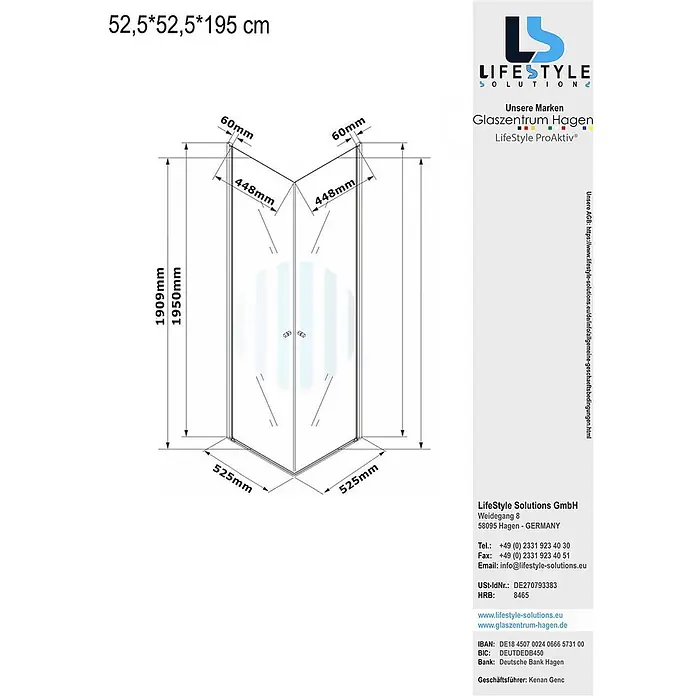 Glaszentrum Hagen Eckdusche Glaszentrum Hagen 52.5x52.5x195 cm Eck Duschkabine Altbau - Imprägniert, Farblos, Stärke: 6 mm - Duschkabine mit den Maßen 52,5x52,5x195 cm.