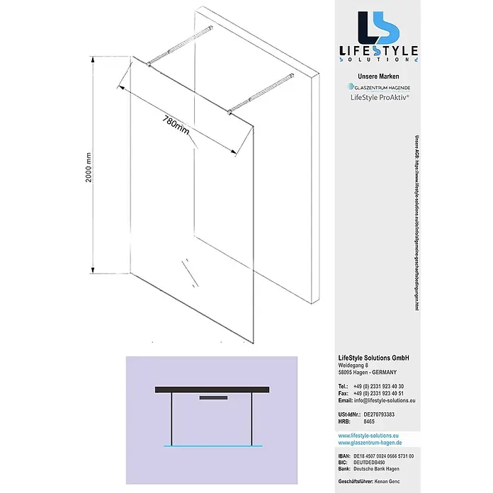Glaszentrum Hagen Duschwand Glaszentrum Hagen LoLa 78x200 cm Walk in Duschwand Satin - Eloxiert, Weiß - Ganzglas-Duschabtrennung mit Stützstangen, 2000 mm hoch und 780 mm breit.